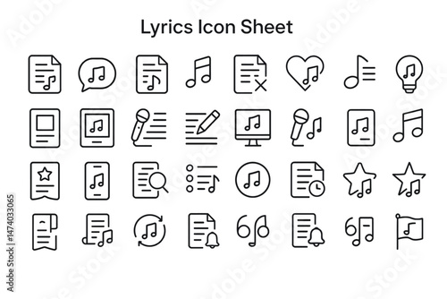 Lyric Icon Sheet: A comprehensive collection of elegantly designed icons for lyric-related elements, meticulously created to represent various facets of music composition, singing.