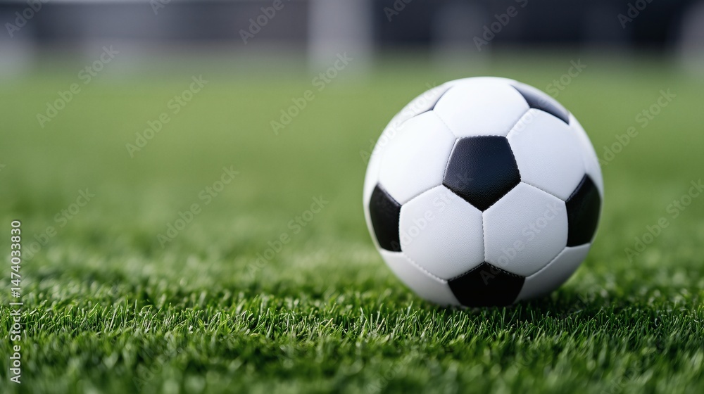 Obraz premium Soccer ball on green field close-up, Traditional football with blurred background, Classic sports equipment theme concept