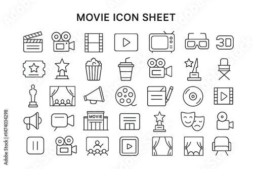 Movie Icon Sheet: A comprehensive set of minimalist movie icons, perfect for cinematic projects and film-related design needs. Featuring a variety of film industry symbols.