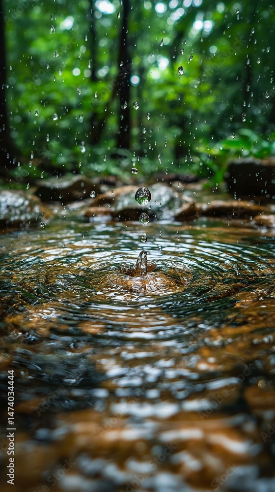 Fototapeta premium Captivating water droplets falling into a serene forest pond, creating mesmerizing ripples and showcasing nature's tranquility. Perfect for nature lovers.