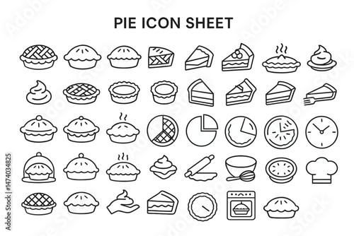 Pie Icon Sheet: A comprehensive collection of pie icons, showcasing various styles and perspectives, ideal for bakery websites, cookbooks, or any baking-related project. 