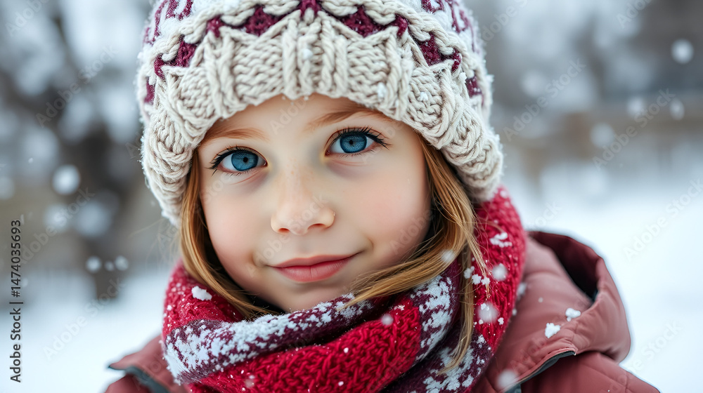 Winter portrait. Close-up of a young girl in a knitted hat, scarf and jacket outdoors. The snow is falling beautifully. Winter portrait. Close-up of a young girl in a knitted hat, scarf and jacket outdoors. The snow is falling beautifully.