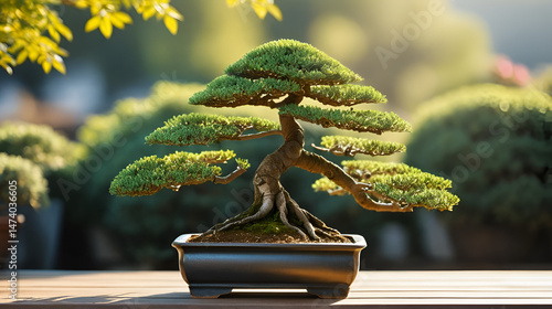 Bonsai tree in pot on sunny surface showing art of miniaturization