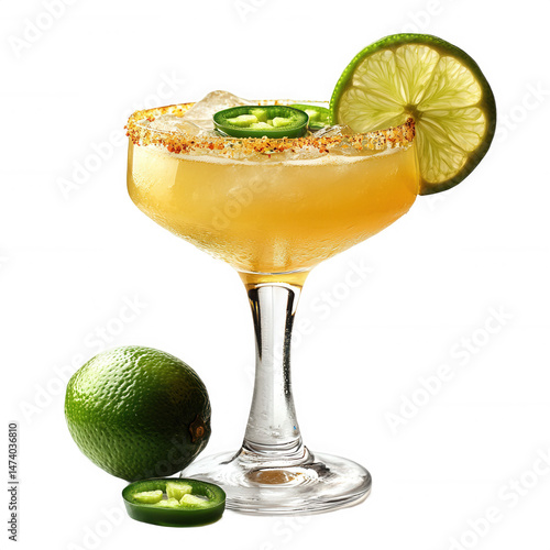 Spicy margarita cocktail recipe with jalapeño and lime on black background on transparent background