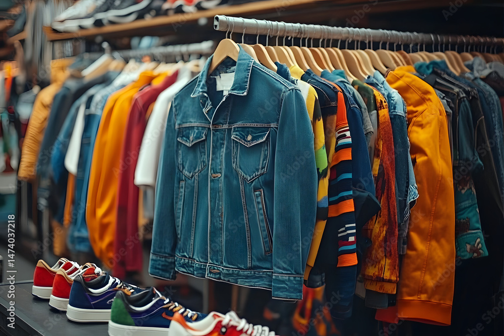 Fototapeta premium Denim jacket and colorful clothes hanging in a street market with sneakers on display