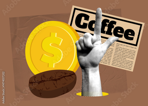 Coffee price increase. Coffee bean, coins and halftone hand with finger raised up. High demand for coffee. Coffee crisis
