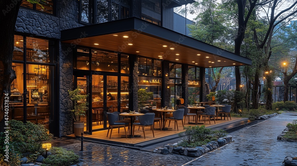 Fototapeta premium Modern Outdoor Restaurant with Cozy Ambiance