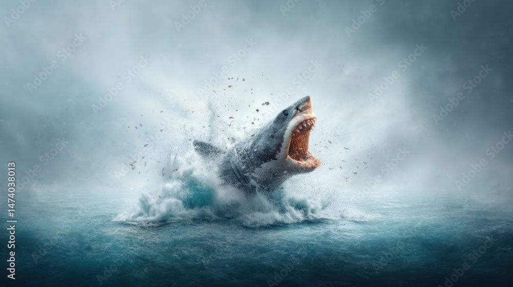 Fototapeta premium Great white shark erupts from the ocean