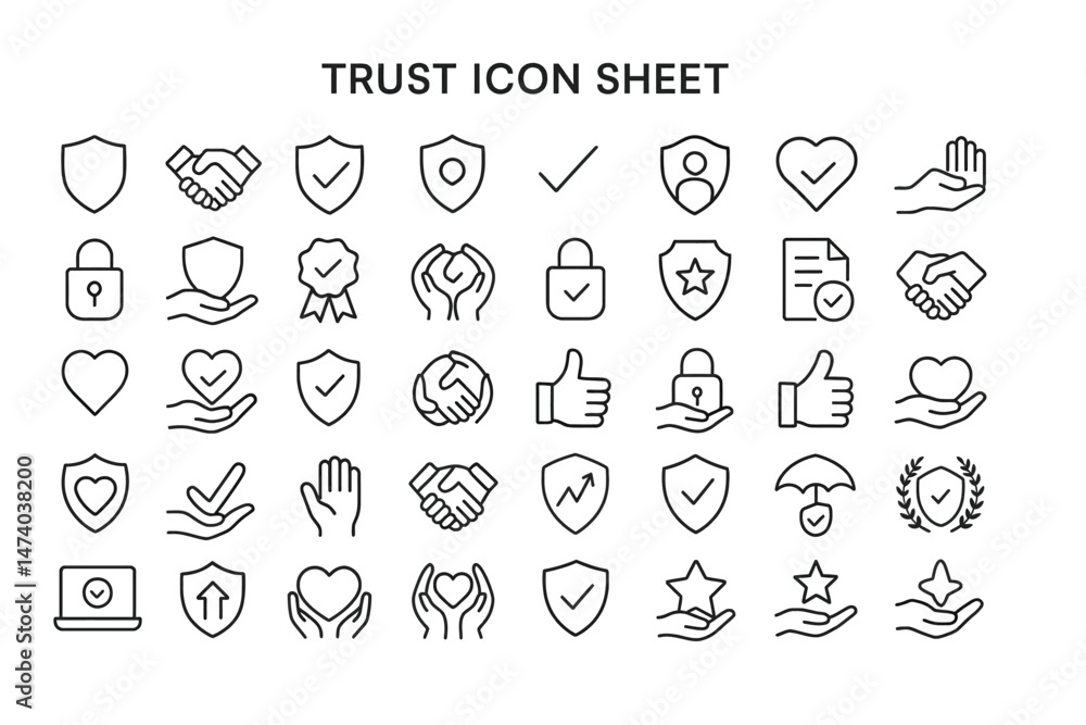 Fototapeta premium Trust Icon Sheet: A comprehensive collection of line icons representing trust, security, and reliability. Perfect for websites, apps.