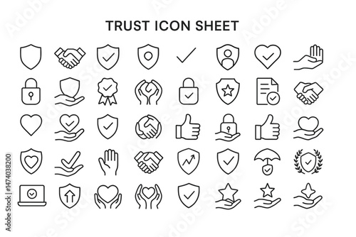 Trust Icon Sheet: A comprehensive collection of line icons representing trust, security, and reliability. Perfect for websites, apps.