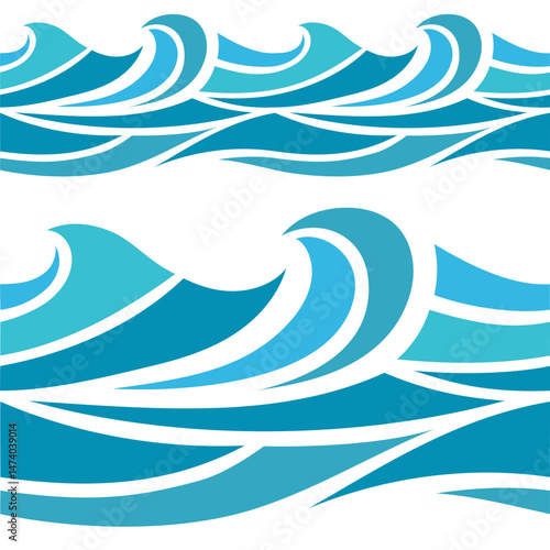 Seamless stylized vector wave set with dynamic curved lines in bright blue. Suitable for marine themes, posters, branding, and digital design requiring strong fluid motion.
