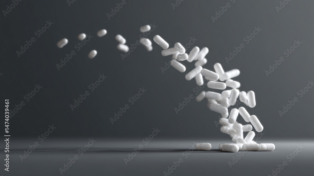 Fototapeta premium Falling white hot music pills and capsules, keep apart on a transparent ground