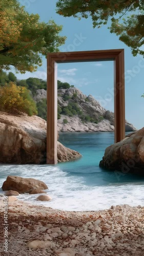 A wooden frame stands on a rocky beach, framing ocean view, with turquoise water and coastal mountain cliffs under bright blue sky.
