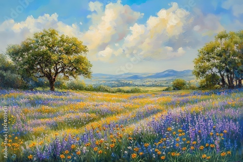 Fototapeta Naklejka Na Ścianę i Meble -  A vibrant landscape painting of a flower-filled meadow.