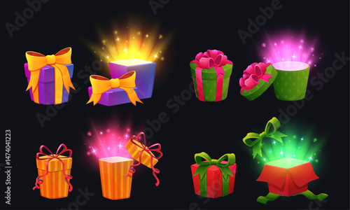 Gift box game Magic cartoon present with ribbon icon open