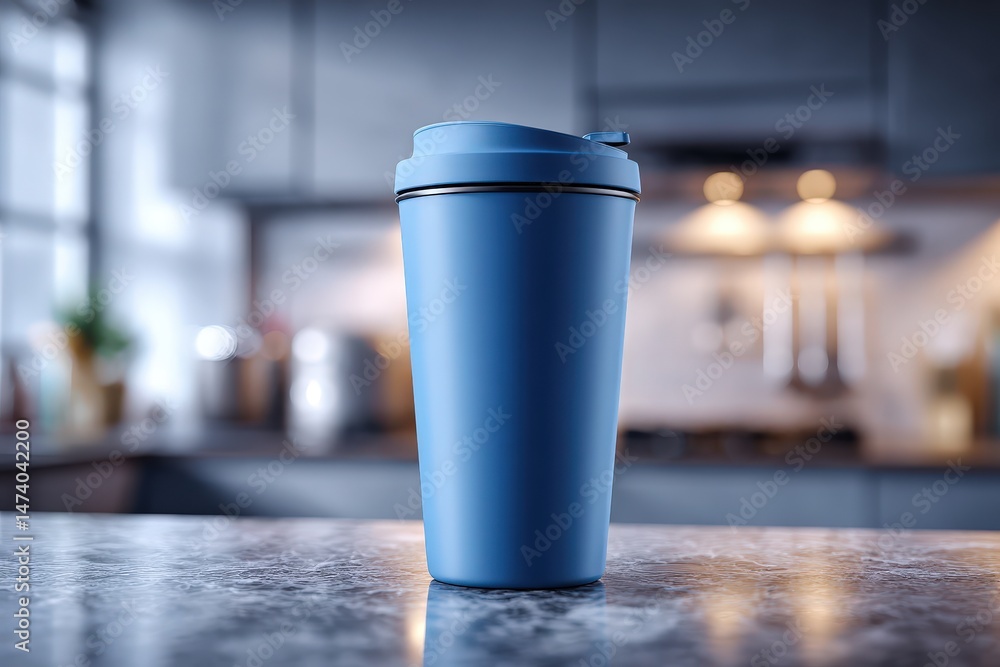 Obraz premium Modern, light blue travel mug on a kitchen countertop.