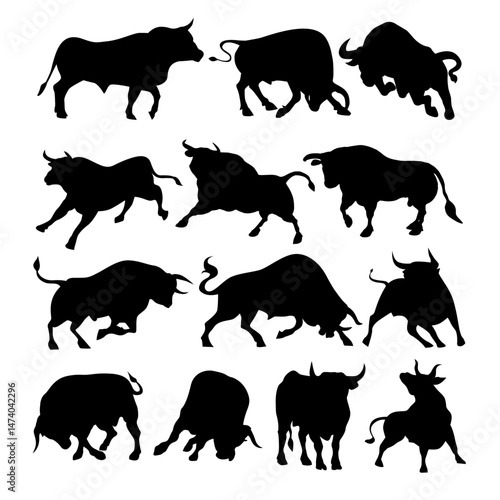 set of bull silhouettes diverse actions