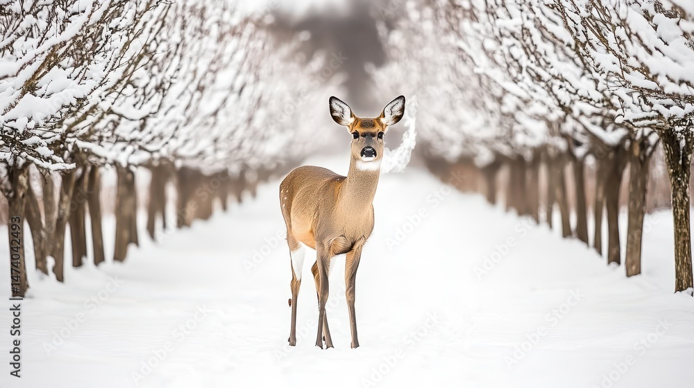 Fototapeta premium Serene Winter Scene With Deer Standing Amid Snow-Covered Orchard Trees In A Calm and Tranquil Landscape