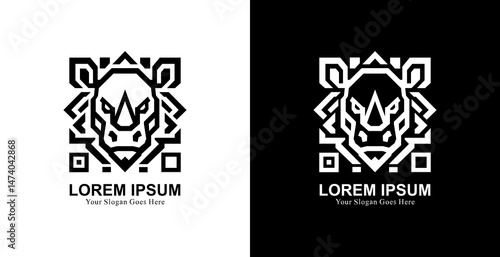 Rhino head logo design with QR or barcode shape