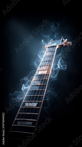Smoky Elegance: Captivating guitar with ethereal fumes against a somber backdrop