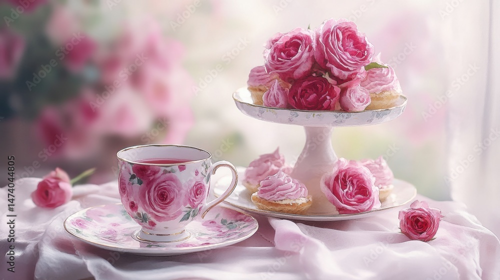 Fototapeta premium Watercolor illustration of British afternoon tea,tea break in the English style,tea set with Afternoon tea stand with macaroons and scone,cake,cup of tea,Tea time dessert table,vintage style.