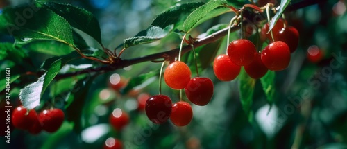 Glossy cherries, radiant in the sun, dangle from verdant branches, heralding the plenitude of summertime's nurturing embrace.