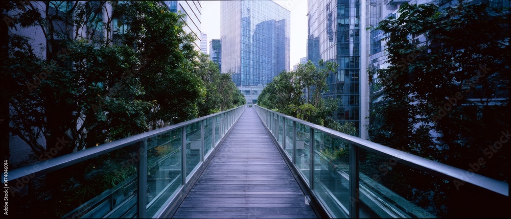 Fototapeta premium A bridge flanked by lush greenery leads the eye towards towering skyscrapers, blending nature and urban modernity.