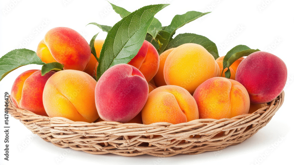 Fresh peaches in woven basket with green leaves create vibrant and inviting display of summer fruit Fresh peaches in woven basket with green leaves create vibrant and inviting display of summer fruit