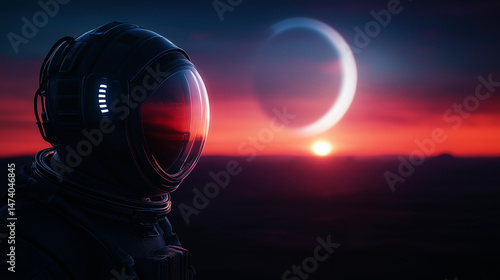 A futuristic astronaut in a spacesuit stands against a bright alien sunset, gazing at the planet's glowing crescent on the horizon.