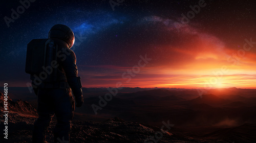 An astronaut in a space suit stands on a rocky alien landscape at dawn, looking out at a radiant sunrise and a star-studded sky over distant mountain ranges.