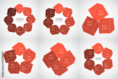 Set of red infographic templates with 3, 4, 5, 6, 7 and 8 options, parts or processes.