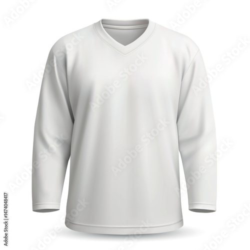 Blank white hockey jersey with long sleeves and V-neck