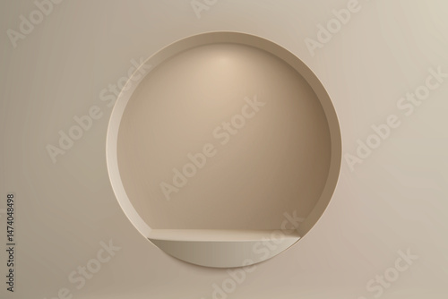 Beige interior wall with round architectural shelf niche and lighting