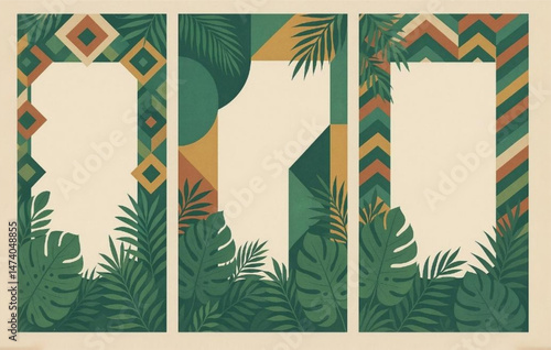 A stylish set of three tropical-themed poster templates, each featuring a blank central space surrounded by a unique combination of bold geometric patterns and lush green foliage.