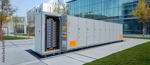 A large industrial battery energy storage system in front of a modern glass-walled building, outdoor environment, metal cabinets