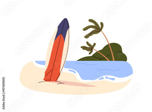 Wooden surfboard on sand beach of tropical island with palm trees. Surfing board on ocean coast. Extreme water sport in sea resort on summer vacation. Flat isolated vector illustration on white