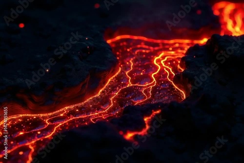 Dramatic view of flowing lava in a volcanic landscape with glowing, molten rock.