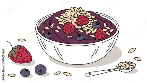 Acai bowl on white, granola and berries topping