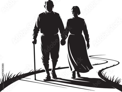 Elderly Couple Silhouette Holding Hands on Scenic Path Journey