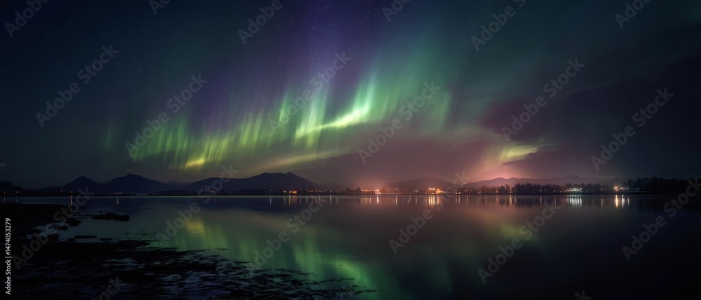 Naklejka premium Northern Lights sweep across the horizon, reflected over still waters, painting the night with ethereal color and beauty.