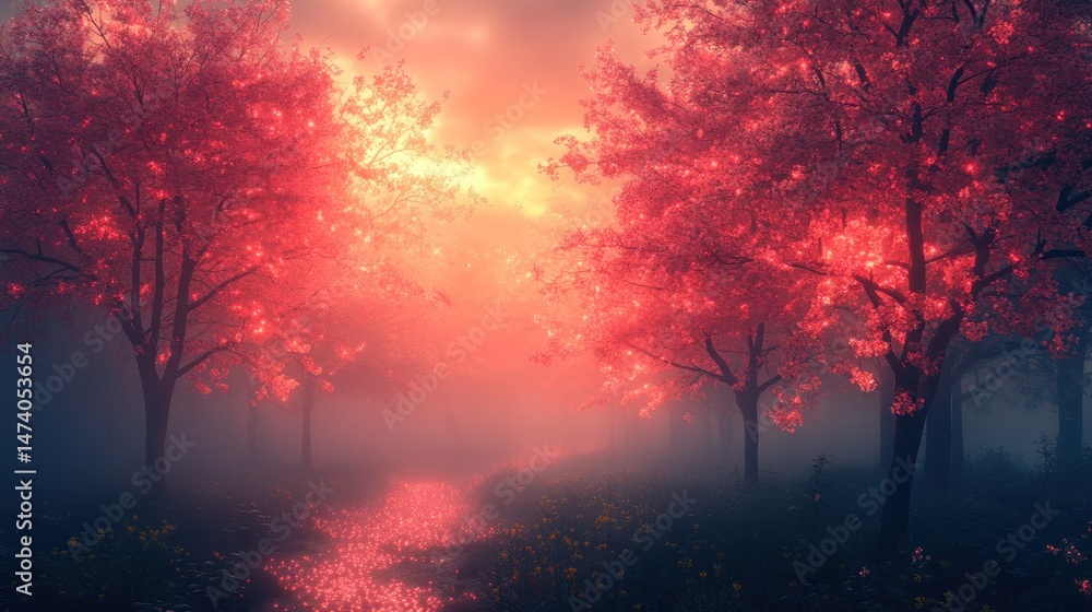 Misty forest path bathed in pink sunset light Misty forest path bathed in pink sunset light