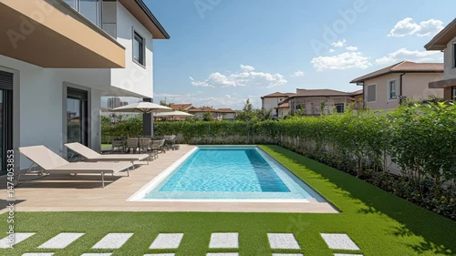 Modern villa with a rectangular pool, patio furniture, and lush landscaping