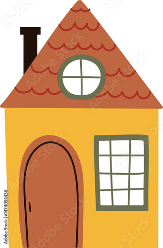 Cute rural cottage in flat cartoon style. Cozy countryside house isolated on white background. Vector illustration for kids, games, or storybooks.