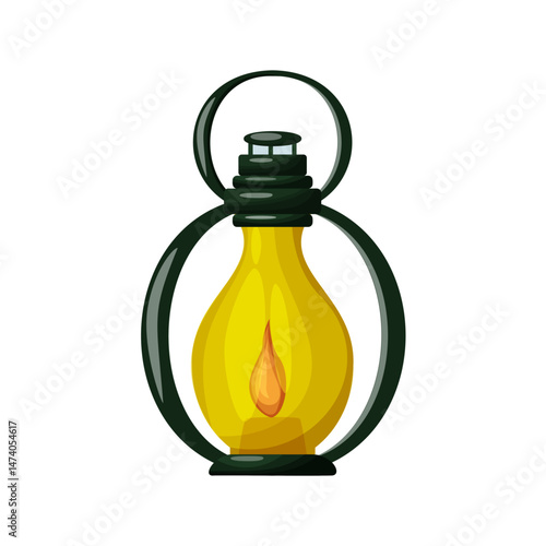 Camping yellow lantern with candle inside for glamping and outdoor recreation. Summer vacation equipment. Isolated vector illustration on white background.