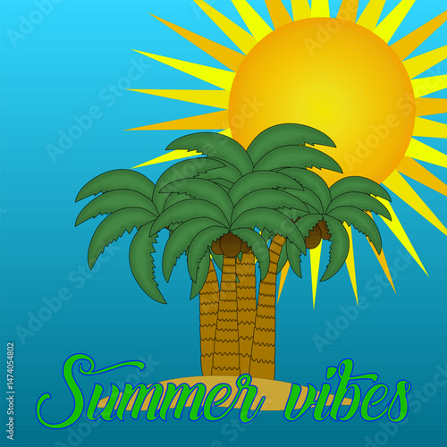 Cartoon greeting card illustration with a scene of a tropical island with palm trees, coconuts, and bright sun. Summer vibes inscription. Ideal for holiday and vacation banner, or summertime design.
