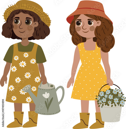 Cute little girl farmers in flat cartoon style. Smiling children in overalls and hats holding farm tools, isolated on white background. Vector illustration for kids, books, and games.