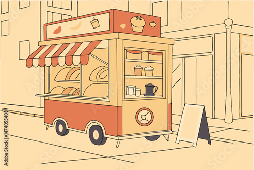 121 street food cart, mobile bakery, freshly baked bread, pastries, coffee, wheels, food vendor, urban scene, hand-drawn illustration, bright colors, whimsical design