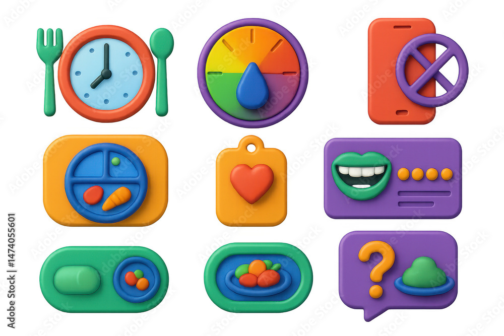 3D icon set of mindful eating: slow eating icon, hunger scale badge, portion control bubble, no distractions screen, gratitude pause tag, chew counter card, food mood tracker toggle, intentional 3D icon set of mindful eating: slow eating icon, hunger scale badge, portion control bubble, no distractions screen, gratitude pause tag, chew counter card, food mood tracker toggle, intentional