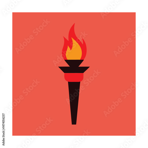 Stylized graphic illustration of a burning torch with red and orange flames on a red background