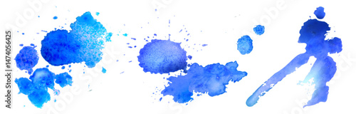 Blue watercolor paint splatter stains set - bright azure cobalt indigo shades, abstract uneven splash shapes, dynamic fluid ink blobs. Artistic backdrop decoration, vivid liquid color splashes.